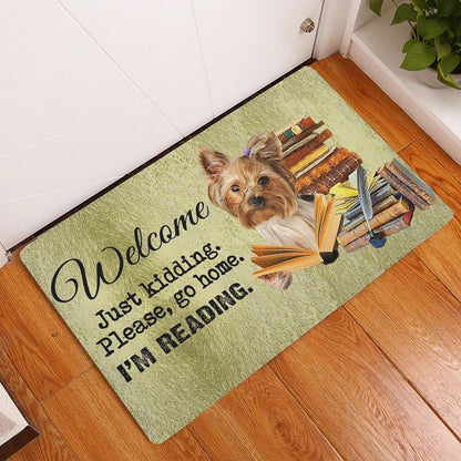 Yorkshire Terrier Welcome Doormat, Yorkshire Terrier Dog And Book Please Go Home I'm Reading Welcome Doormat, Pets Home Decor Door Mat