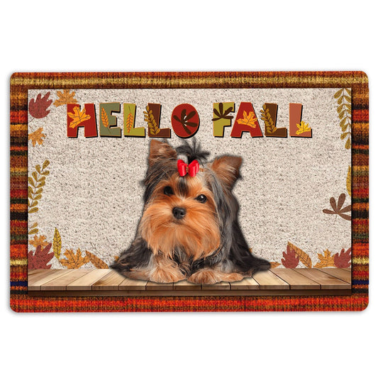 Yorkshire Terrier Welcome Doormat, Yorkshire Terrier Dog Hello Fall Pumpkin Spice Maple Leaf Autumn Welcome, Pets Home Decor Door Mat