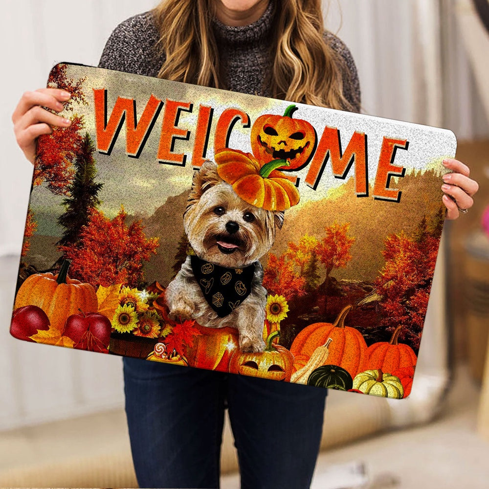 Yorkshire Terrier Welcome Doormat, Yorkshire Terrier Pumpkin Thanksgiving Autumn Happy Fall Y'all Welcome Doormat, Pets Home Decor Door Mat