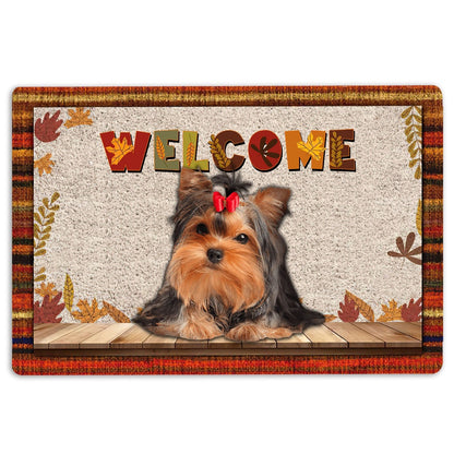 Yorkshire Terrier Welcome Doormat, Yorkshire Terrier Welcome Fall Autumn Pumpkin Spice Maple Leaf Welcome Doormat, Pets Home Decor Door Mat
