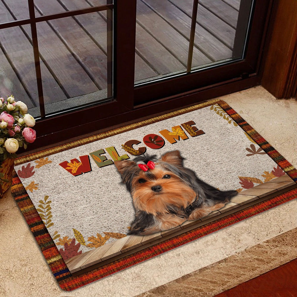 Yorkshire Terrier Welcome Doormat, Yorkshire Terrier Welcome Fall Autumn Pumpkin Spice Maple Leaf Welcome Doormat, Pets Home Decor Door Mat