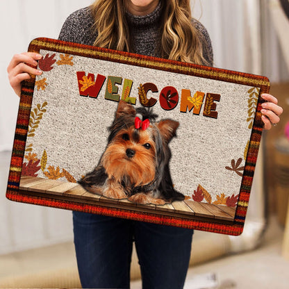 Yorkshire Terrier Welcome Doormat, Yorkshire Terrier Welcome Fall Autumn Pumpkin Spice Maple Leaf Welcome Doormat, Pets Home Decor Door Mat