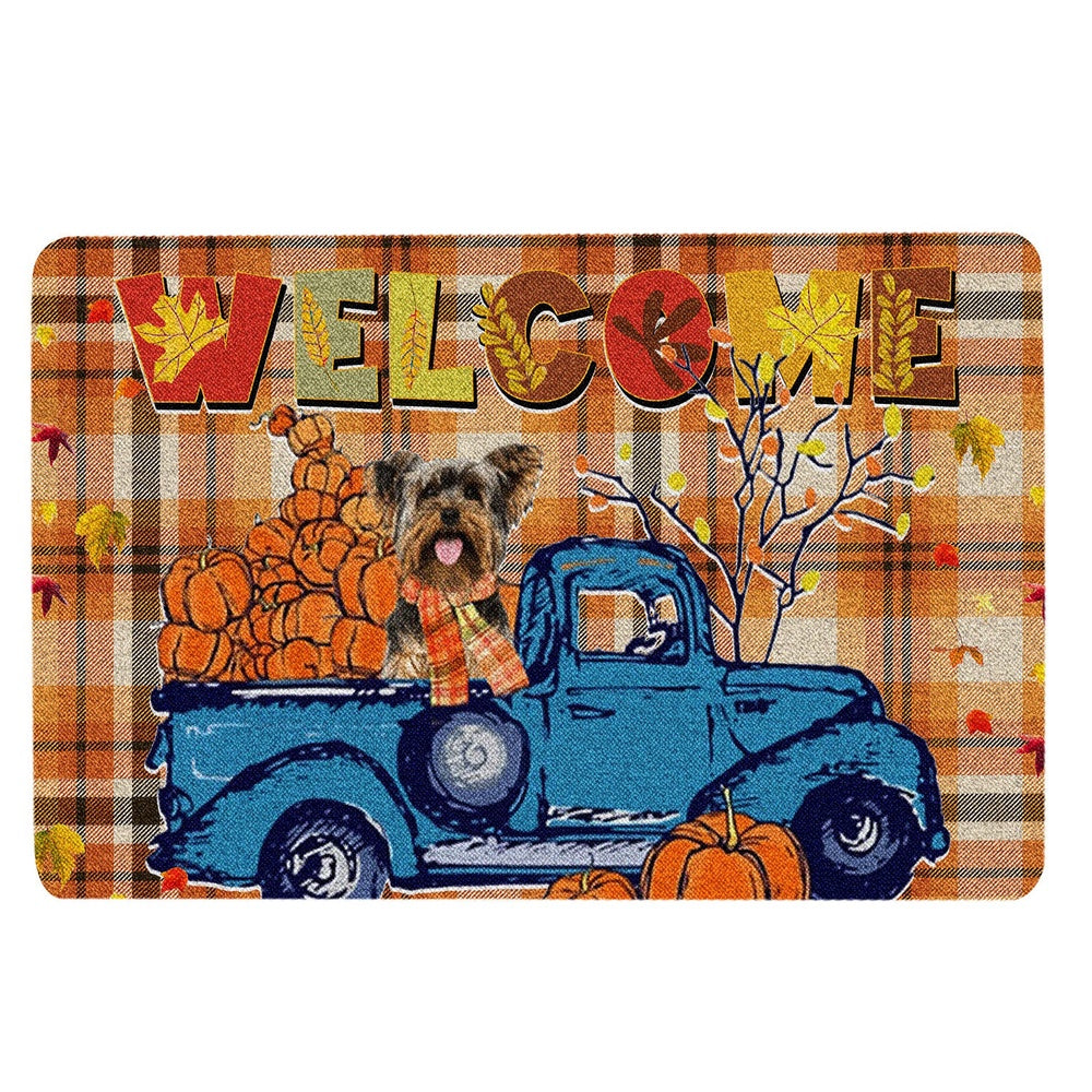 Yorkshire Terrier Welcome Doormat, yorkshire terrier Pumpkin Truck Autumn Happy Fall Y'all Welcome Doormat, Pets Home Decor Door Mat