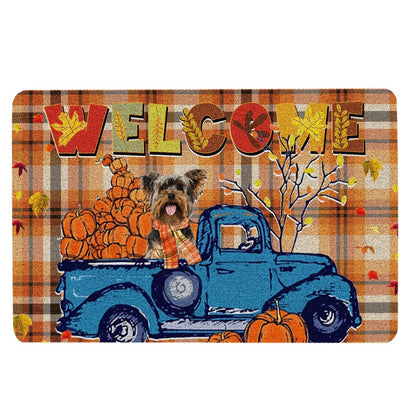 Yorkshire Terrier Welcome Doormat, yorkshire terrier Pumpkin Truck Autumn Happy Fall Y'all Welcome Doormat, Pets Home Decor Door Mat