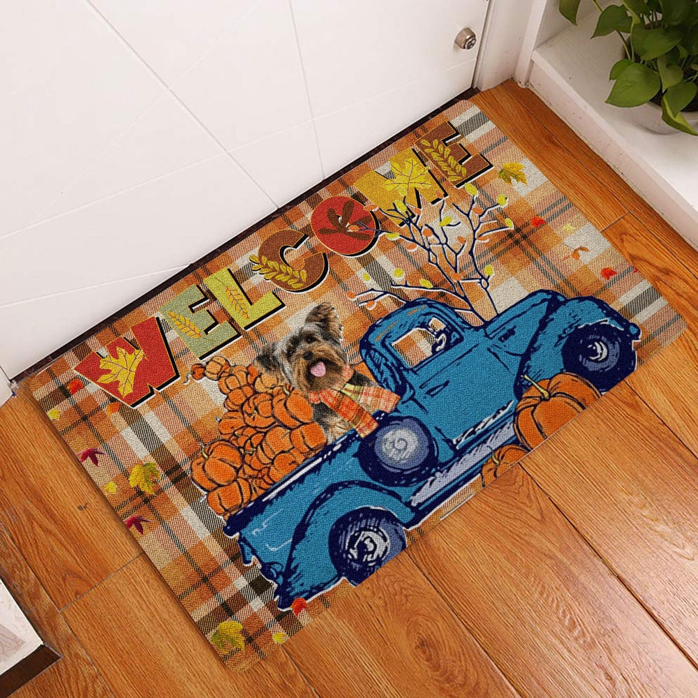 Yorkshire Terrier Welcome Doormat, yorkshire terrier Pumpkin Truck Autumn Happy Fall Y'all Welcome Doormat, Pets Home Decor Door Mat