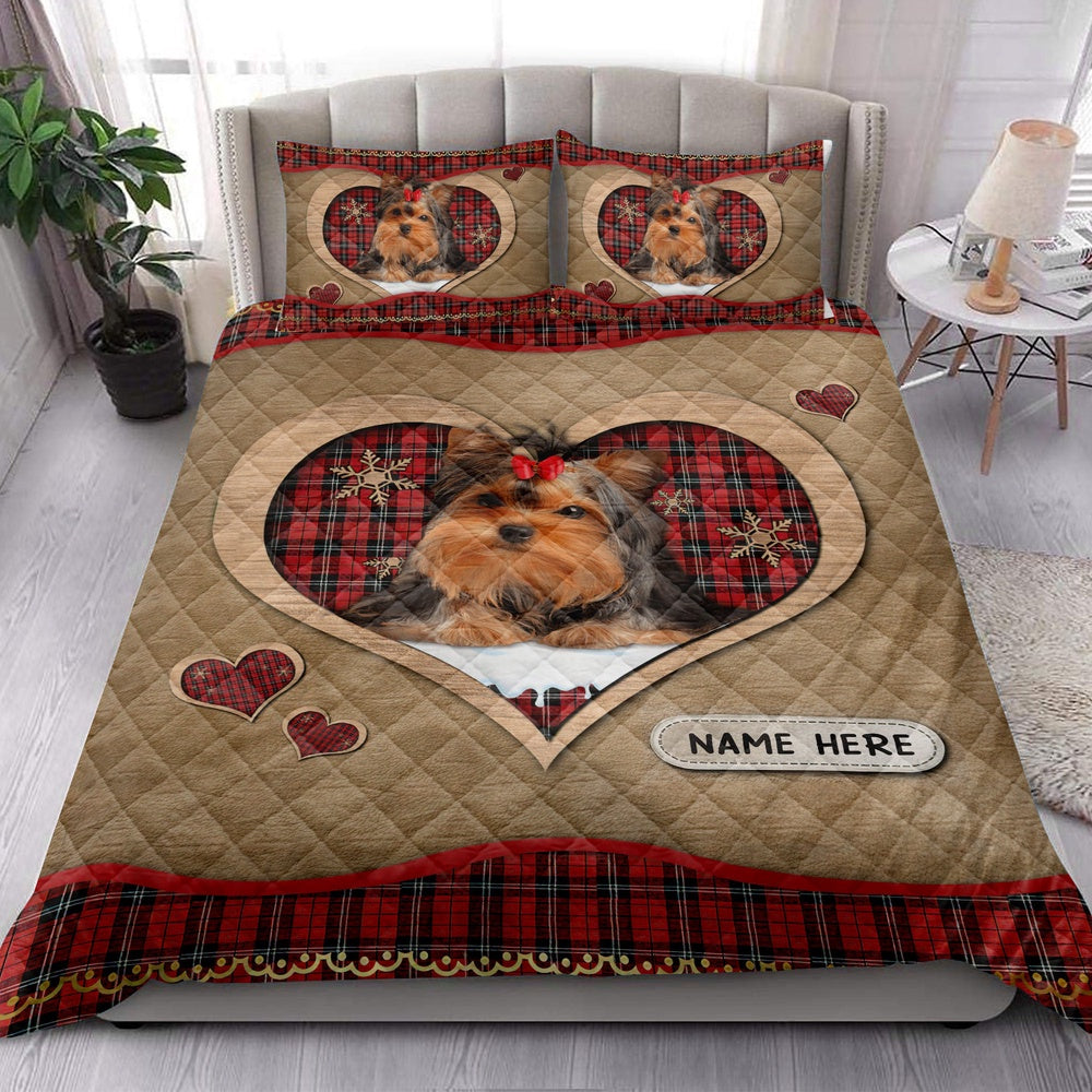 Yorkshire Terriermas Heart Red Plaid Bedding Set, Christmas Beddings, Xmas Bedding Sets