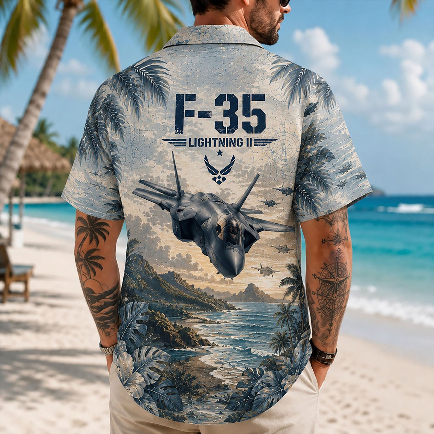 Back view lifestyle of a male model showcasing the monochrome botanical leaves, vintage compass design, and powerful fighter jet graphics