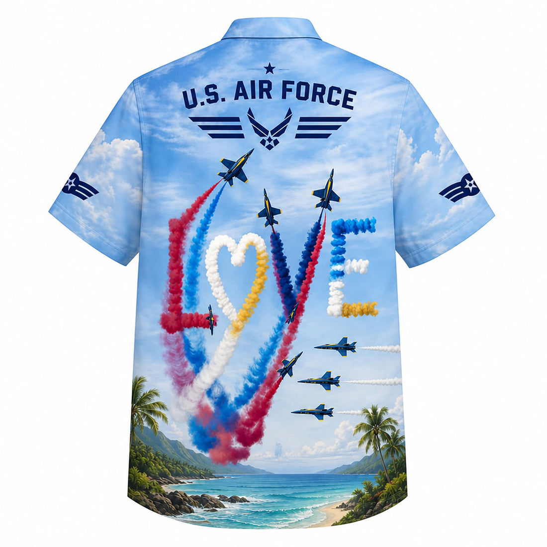 Front flat-lay view of a light blue Hawaiian shirt featuring U.S. Air Force branding, custom name placeholder, and patriotic smoke trails forming a heart shape