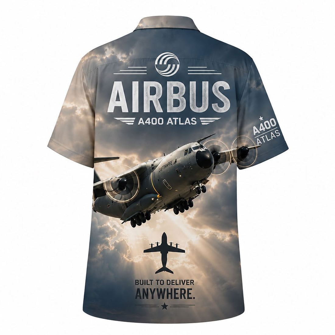 Front flat-lay view of the Personalized Airbus A400M Atlas Hawaiian Shirt with dramatic sunrays backdrop and custom name block
