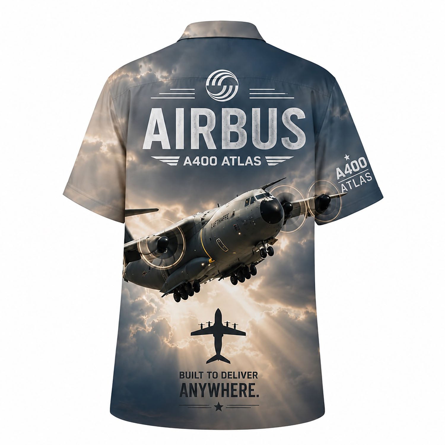 Back flat-lay view of the aviation shirt displaying the detailed four-engine cargo aircraft and 'Built to Deliver Anywhere' slogan