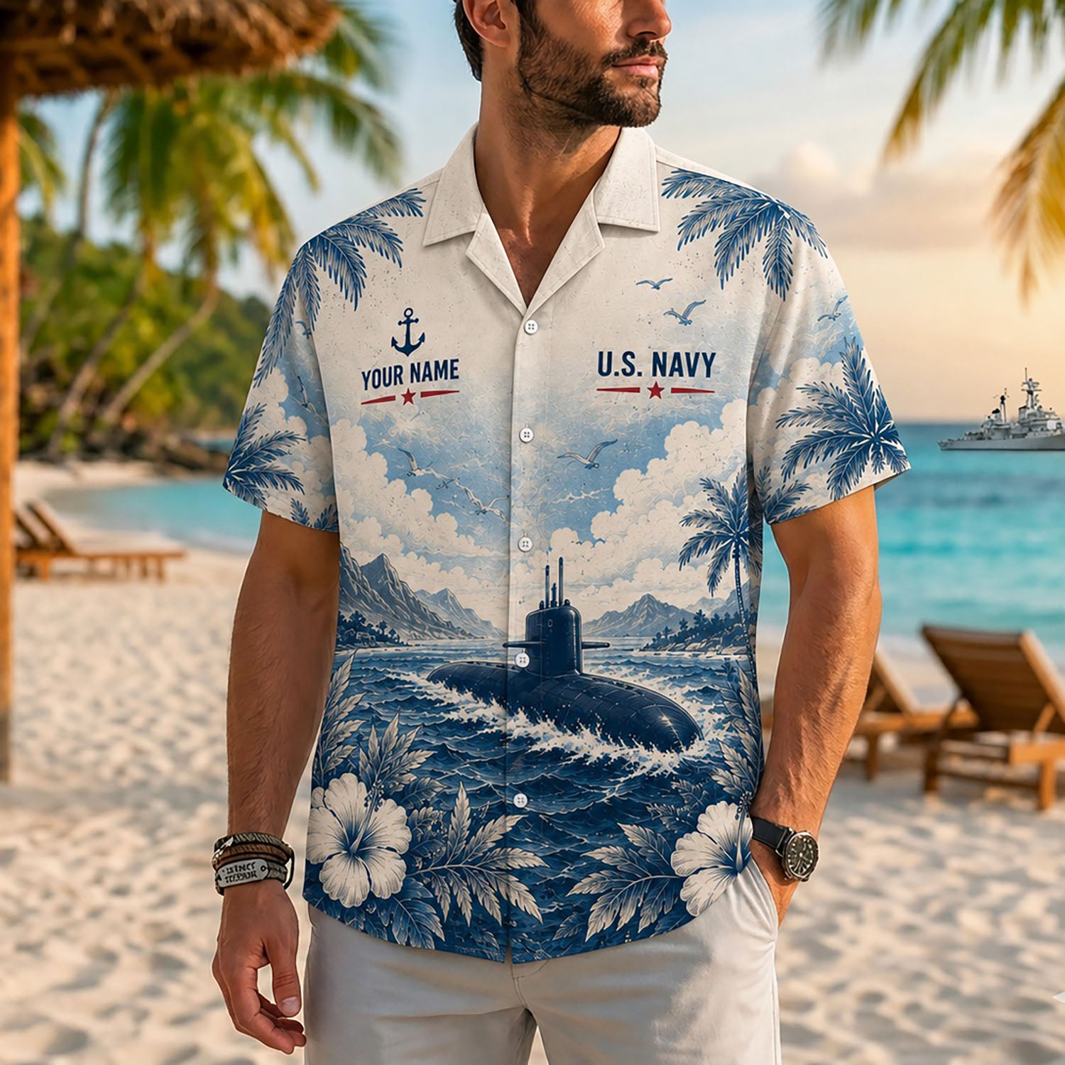 Close-up front view of a male model wearing the personalized off-white Akula Class Submarine military Hawaiian shirt on a beach setting