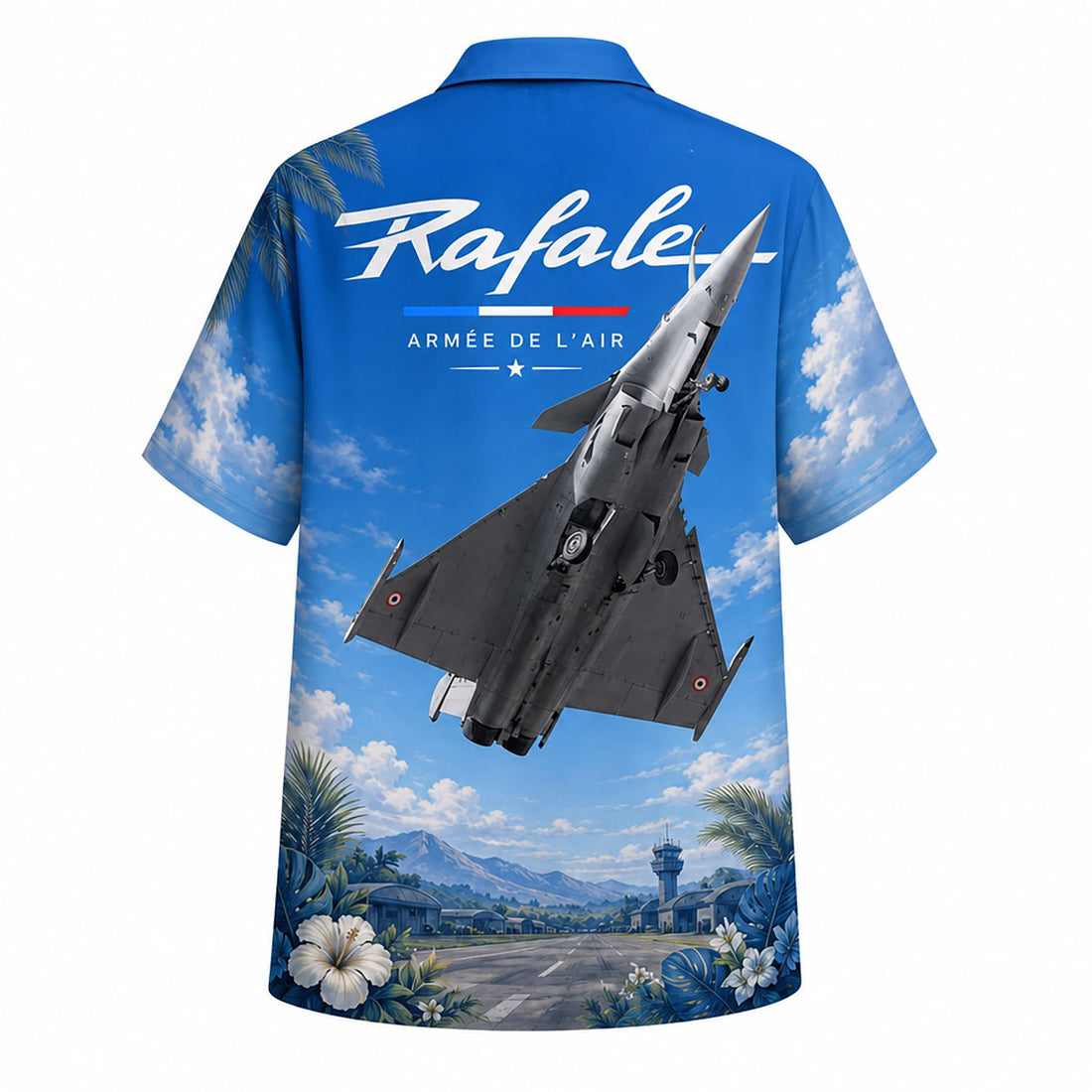 Front flat-lay view of the Personalized Dassault Rafale Fighter Jet Hawaiian Shirt in vibrant blue with custom name text box