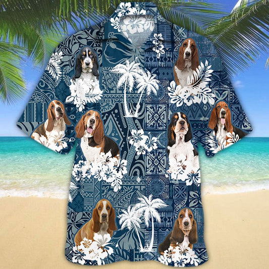 basset hound Hawaiian Tropical Plants Pattern Blue And White All Over Printed Hawaiian Shirt, Farm Hawaiian Shirt, Farmer Hawaii