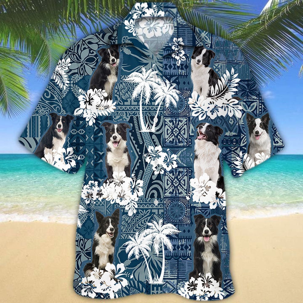 border collie Hawaiian Tropical Plants Pattern Blue And White All Over Printed Hawaiian Shirt, Farm Hawaiian Shirt, Farmer Hawaii