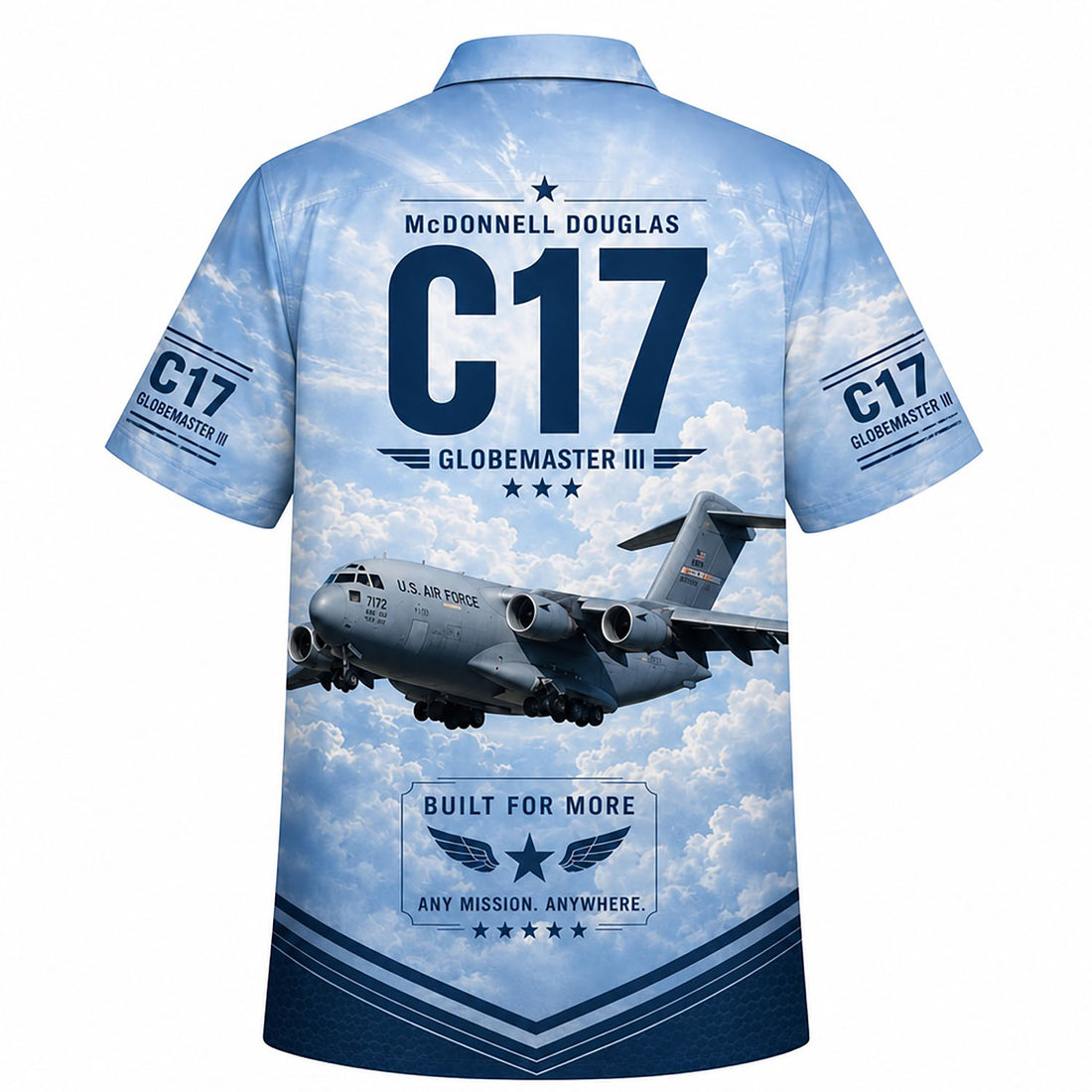 Front flat-lay view of the Personalized C-17 Globemaster III Jet Veteran Hawaiian Shirt with custom name and military cargo aircraft graphics