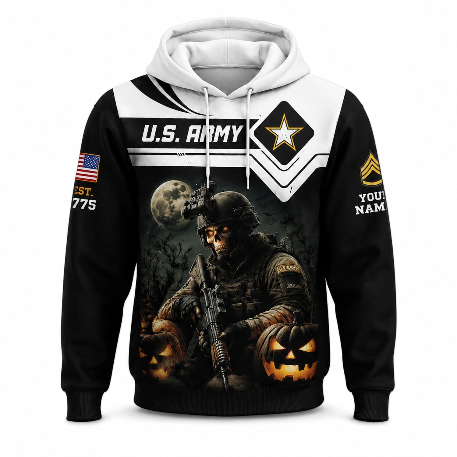 Custom Army Halloween Combat Hoodie Font View