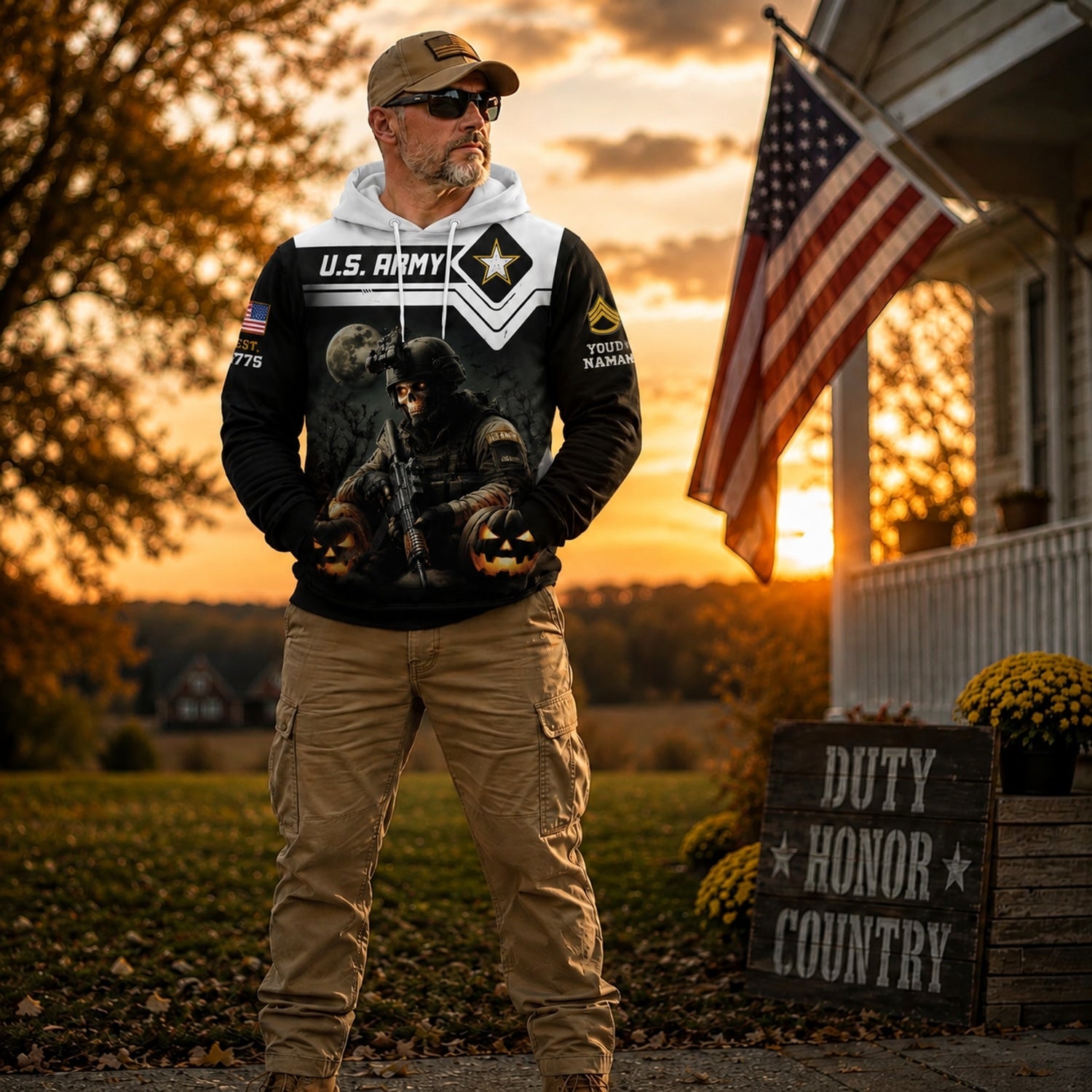 Custom Army Halloween Combat Hoodie Patriotic Front View
