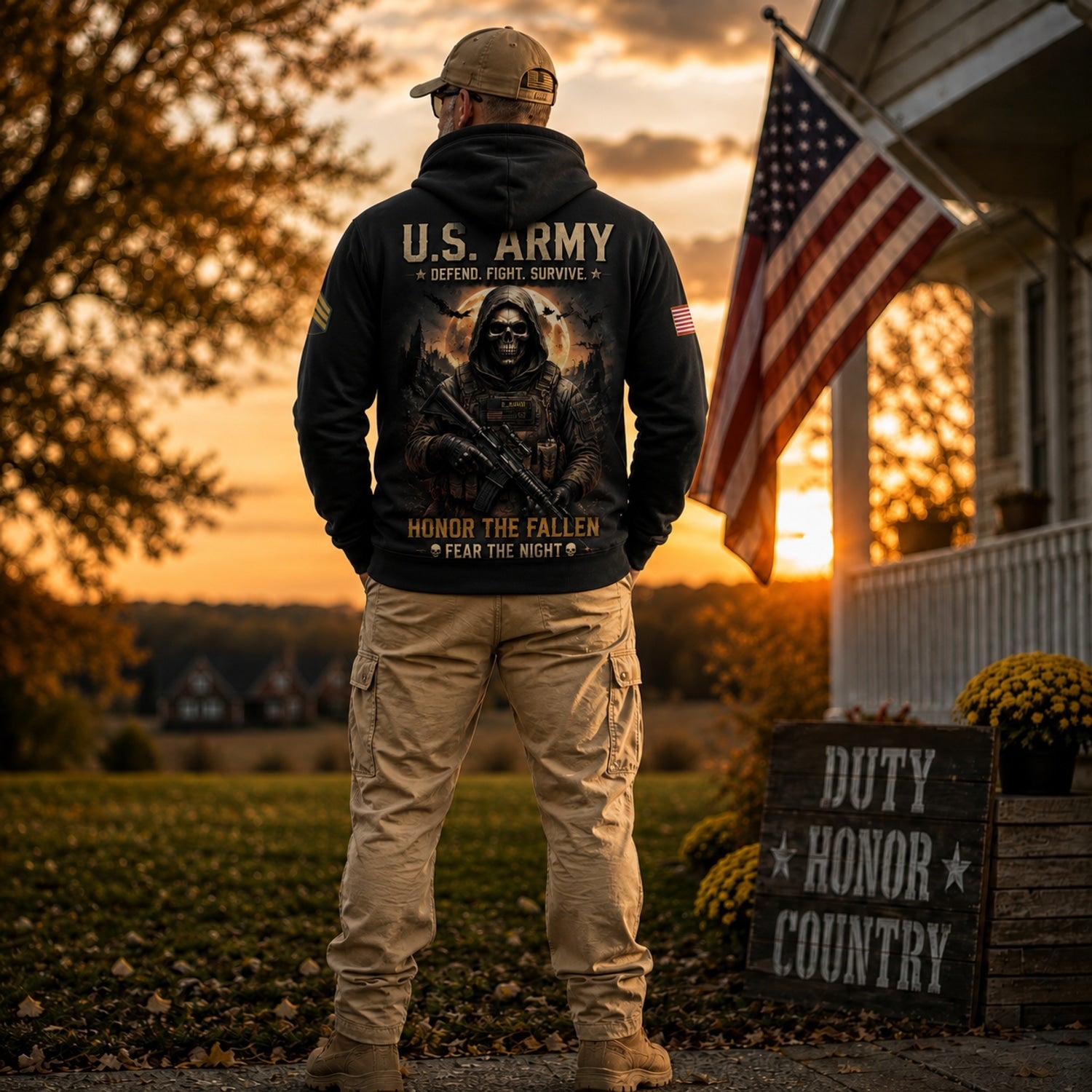 Custom Army Halloween Military Skull Hoodie Back Graphic Showcase
