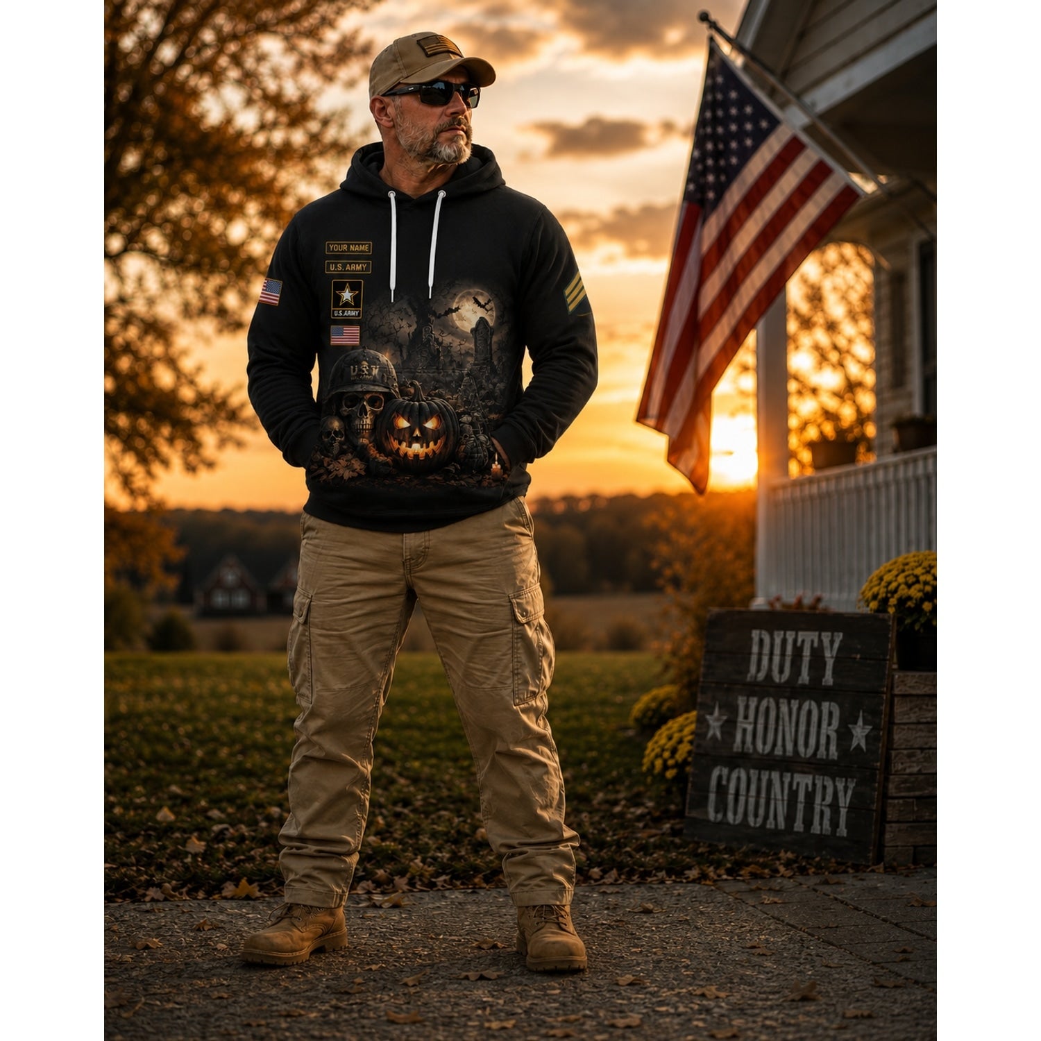 Custom Army Halloween Military Skull Hoodie Patriotic Front View