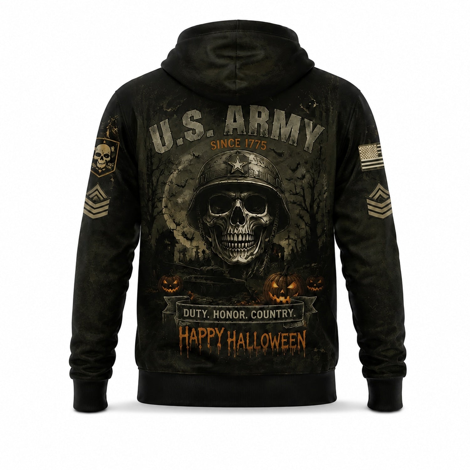 Custom Army Halloween Military Skull Pullover Hoodie Back View