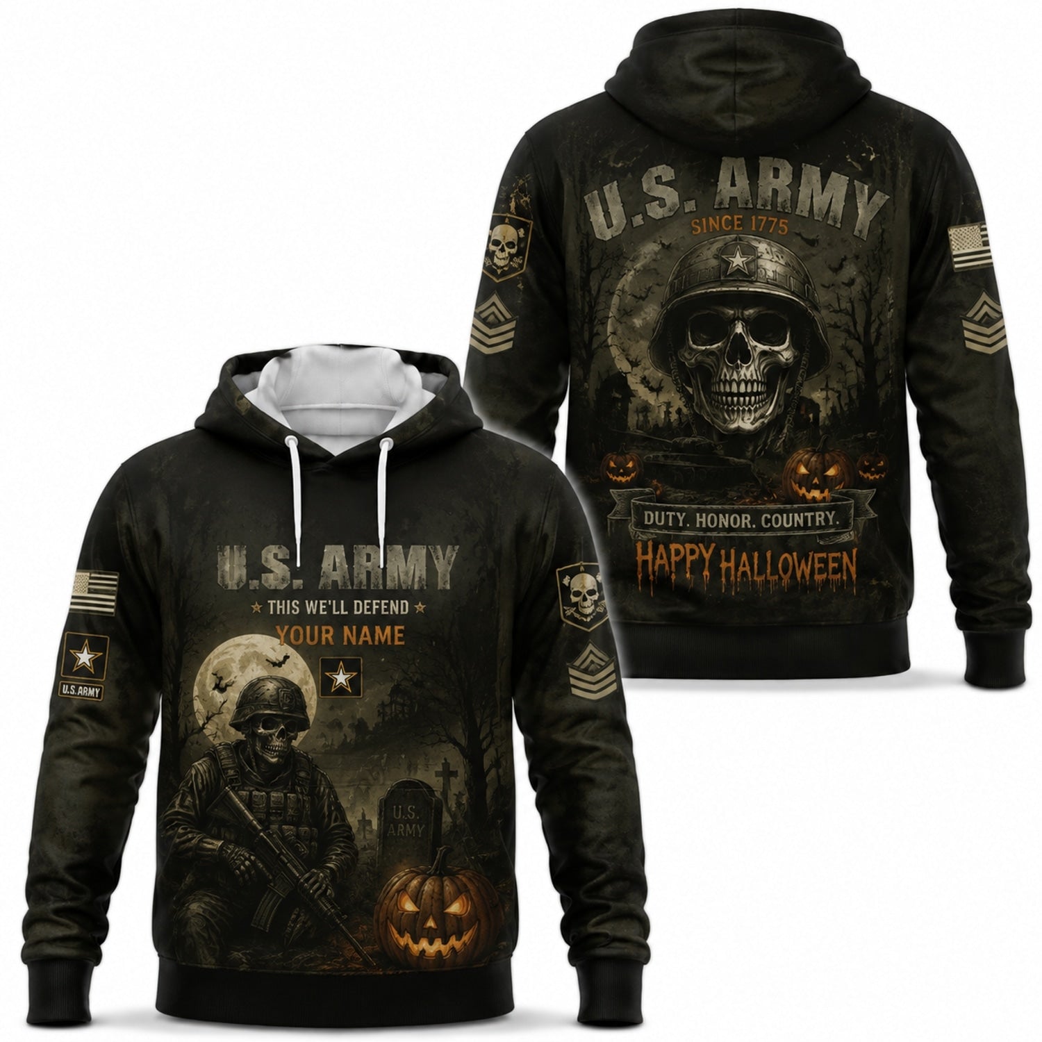 Custom Army Halloween Military Skull Pullover Hoodie