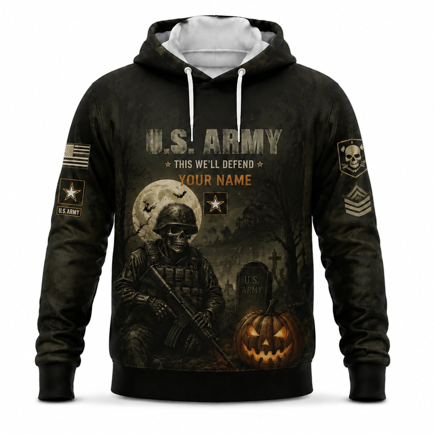Custom Army Halloween Military Skull Pullover Hoodie Font View