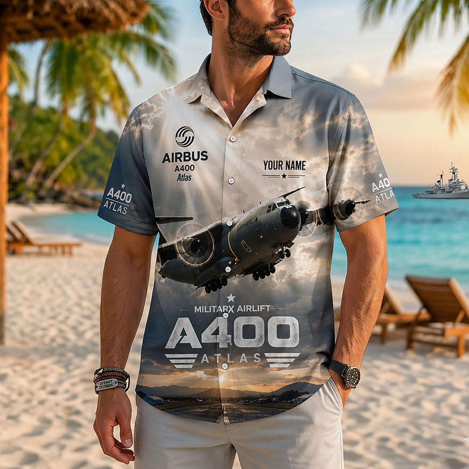 Close-up front view of a male model on a tropical resort beach wearing the personalized dramatic sunset military crew holiday shirt