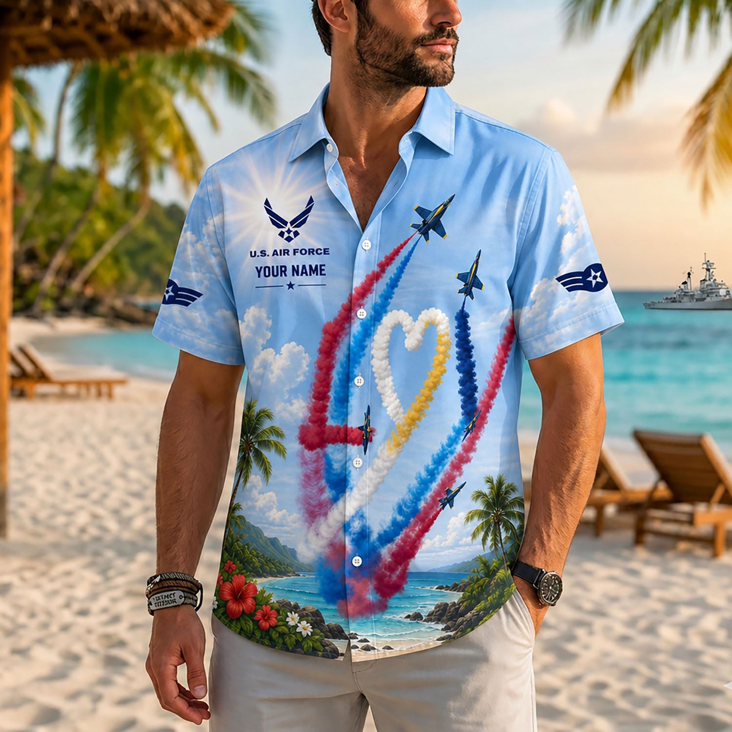 Close-up front lifestyle view of a man on a beach resort wearing the personalized Air Force Sky Heart performance button-down shirt