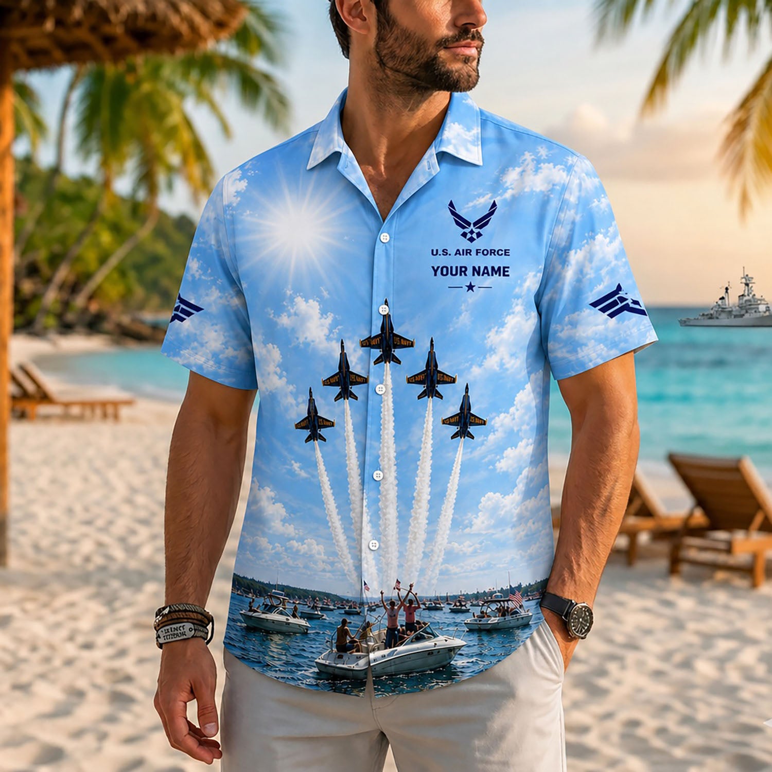 Close-up front view of a male model on a tropical resort beach wearing the personalized summer airshow pilot veteran holiday shirt