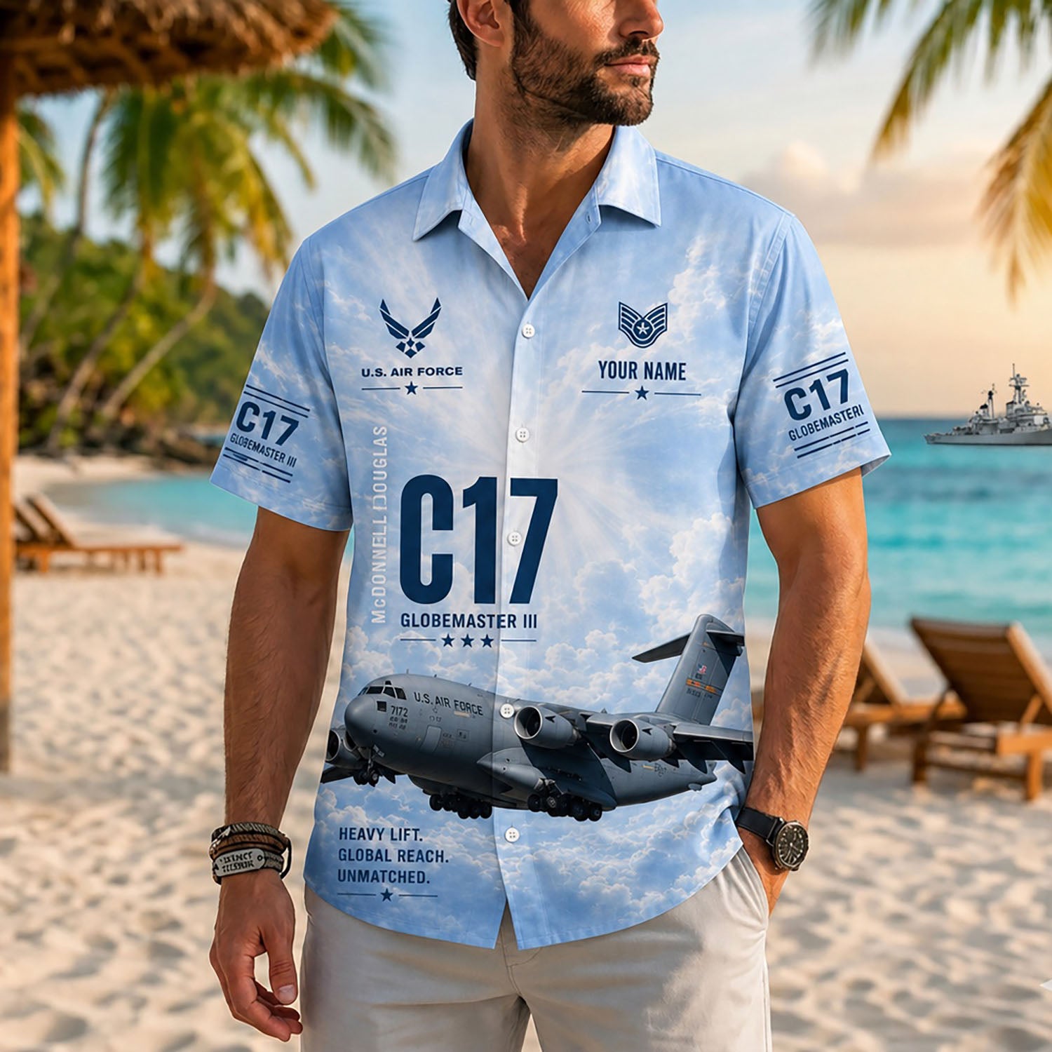 Close-up front view of a male model on a tropical coast resort wearing the personalized military airforce veteran holiday shirt