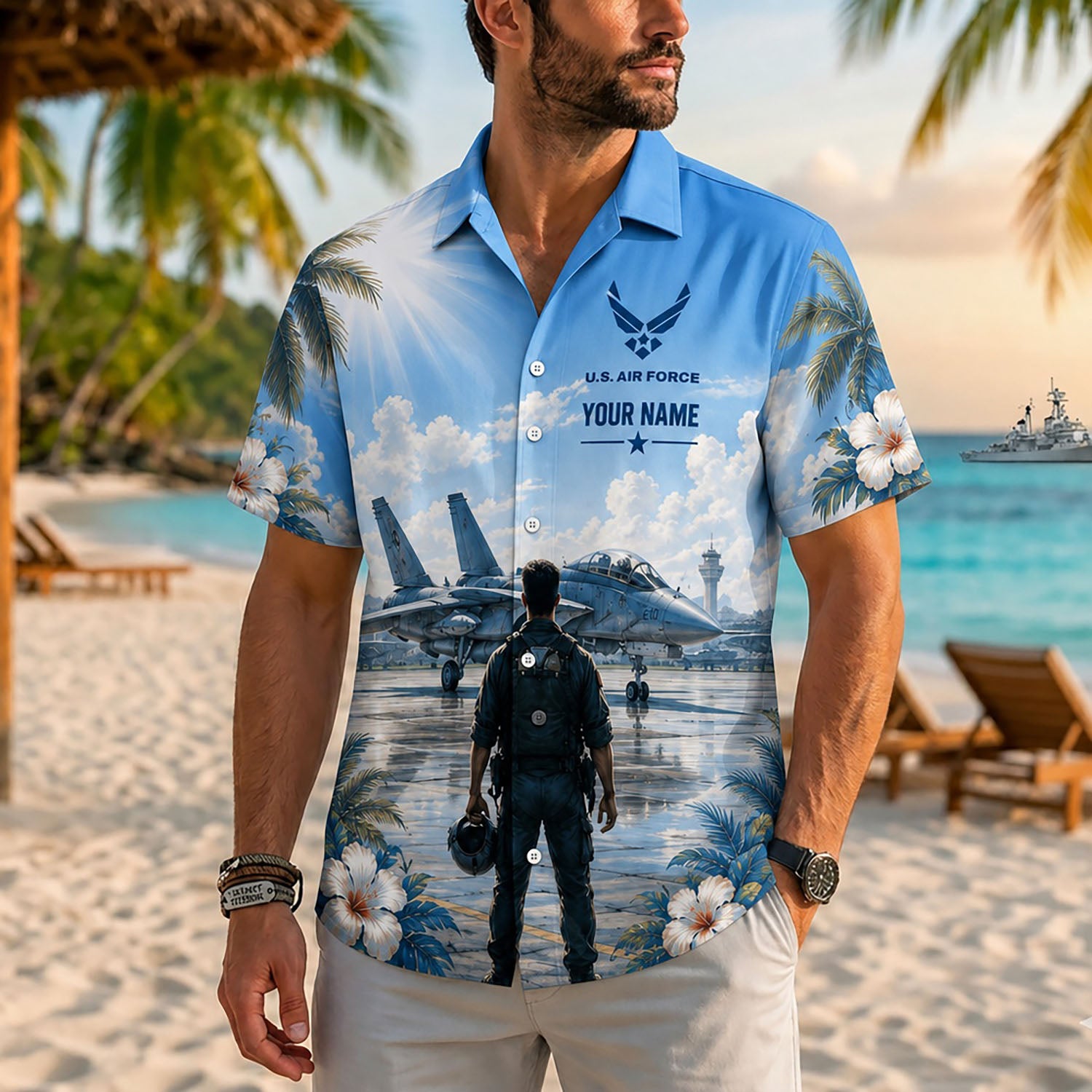Close-up front lifestyle view of a man on a sunny beach resort wearing the personalized airforce veteran aircraft shirt