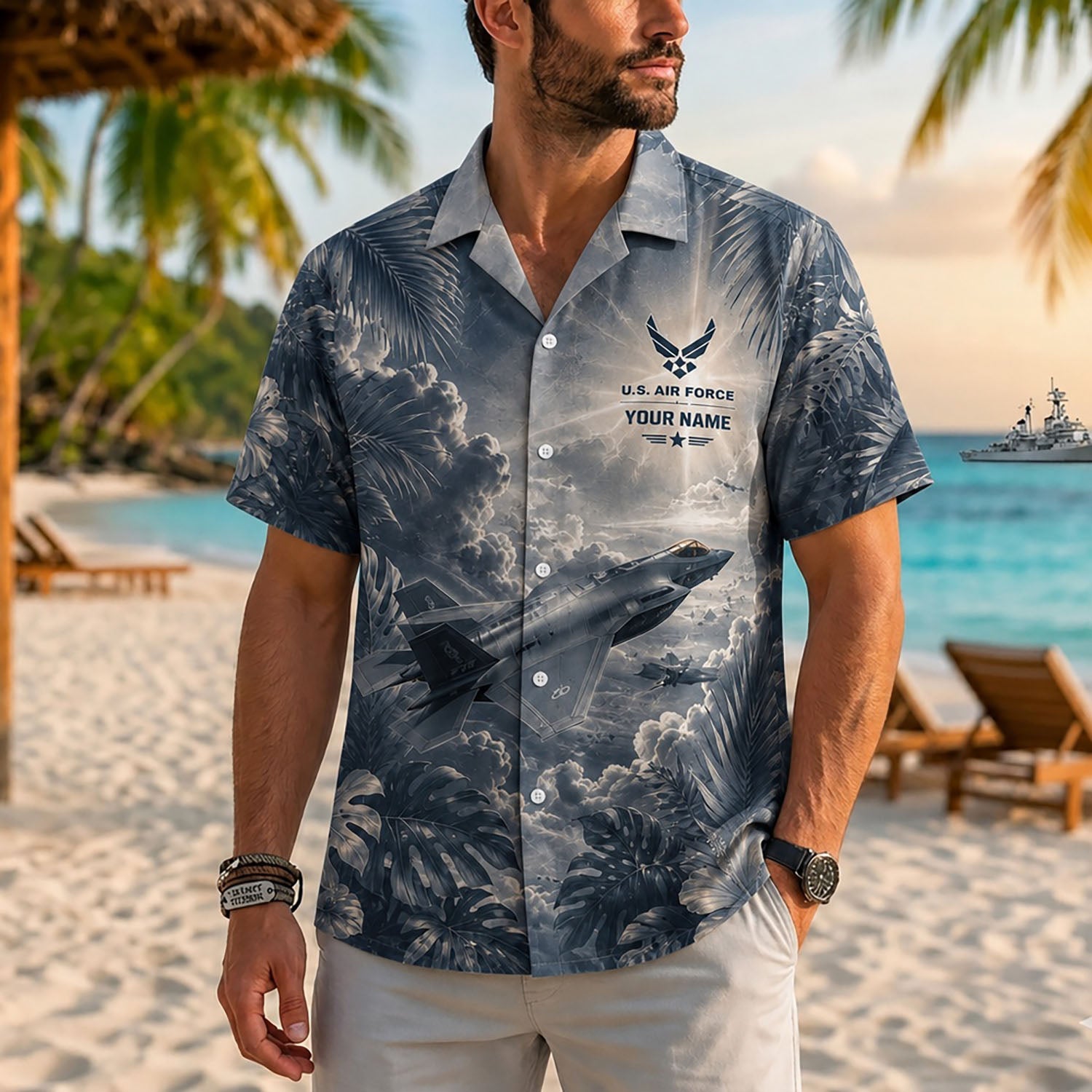 Close-up front lifestyle view of a male model on a tropical coast wearing the custom name F-35 Lightning II tactical aviation shirt