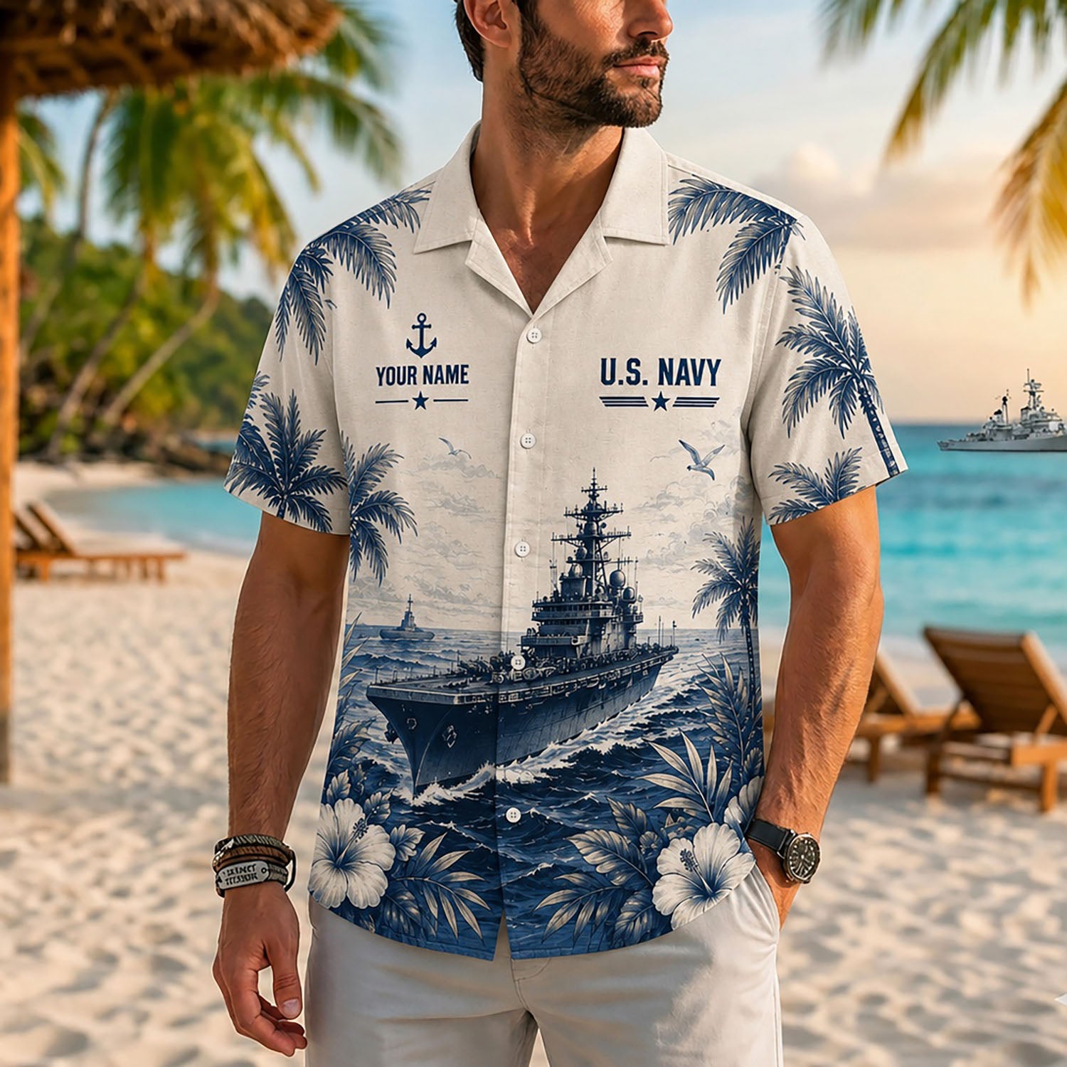 Close-up front view of a male model on a sunny resort beach wearing the personalized cream submarine veteran vacation shirt