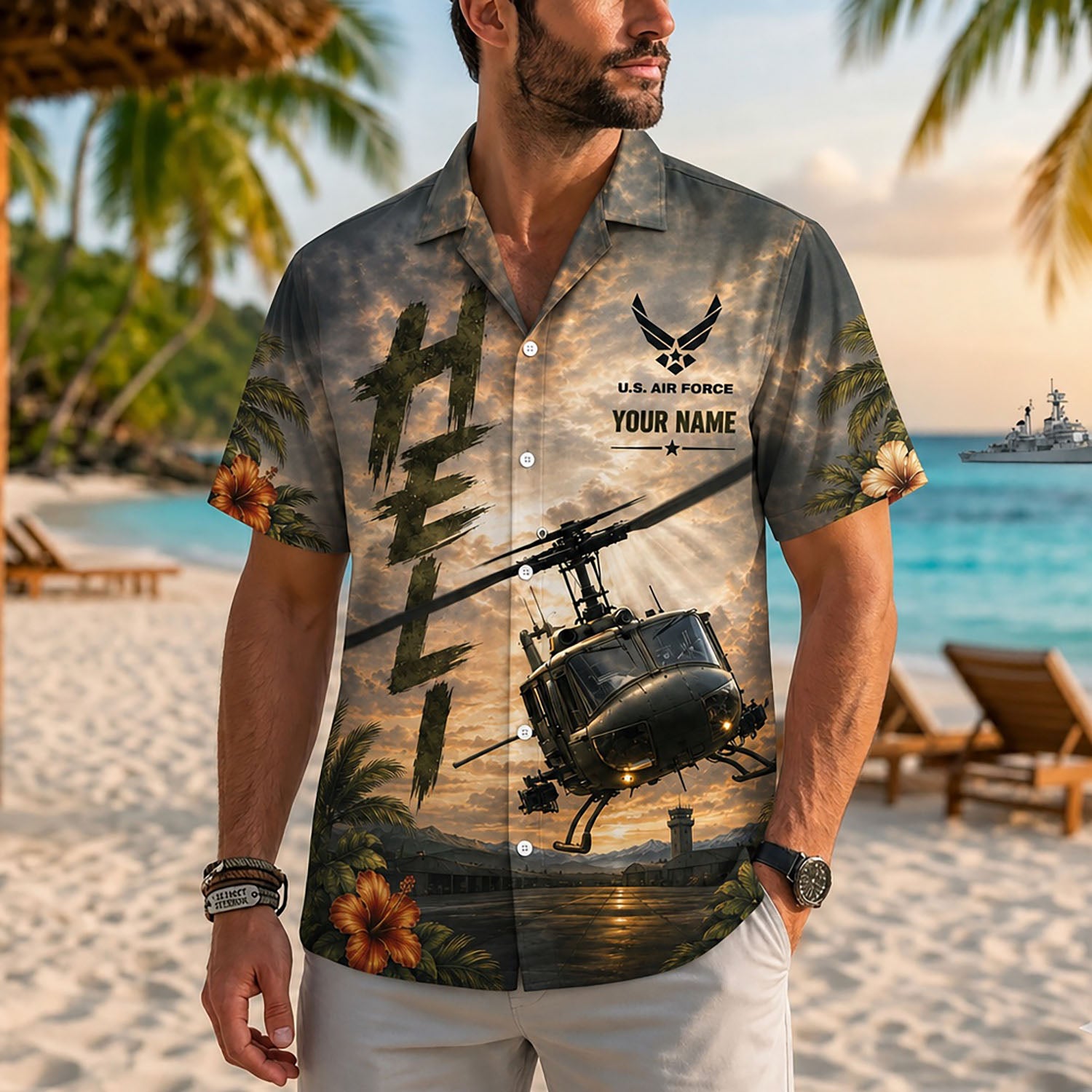 Close-up front view of a male model on a tropical resort coast wearing the personalized military utility heli veteran holiday shirt