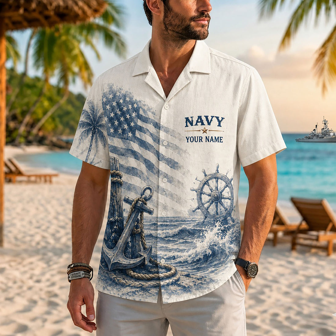 Front flat-lay view of the Personalized US Navy 250th Anniversary Hawaiian Shirt in cream with denim blue nautical sketches and custom name