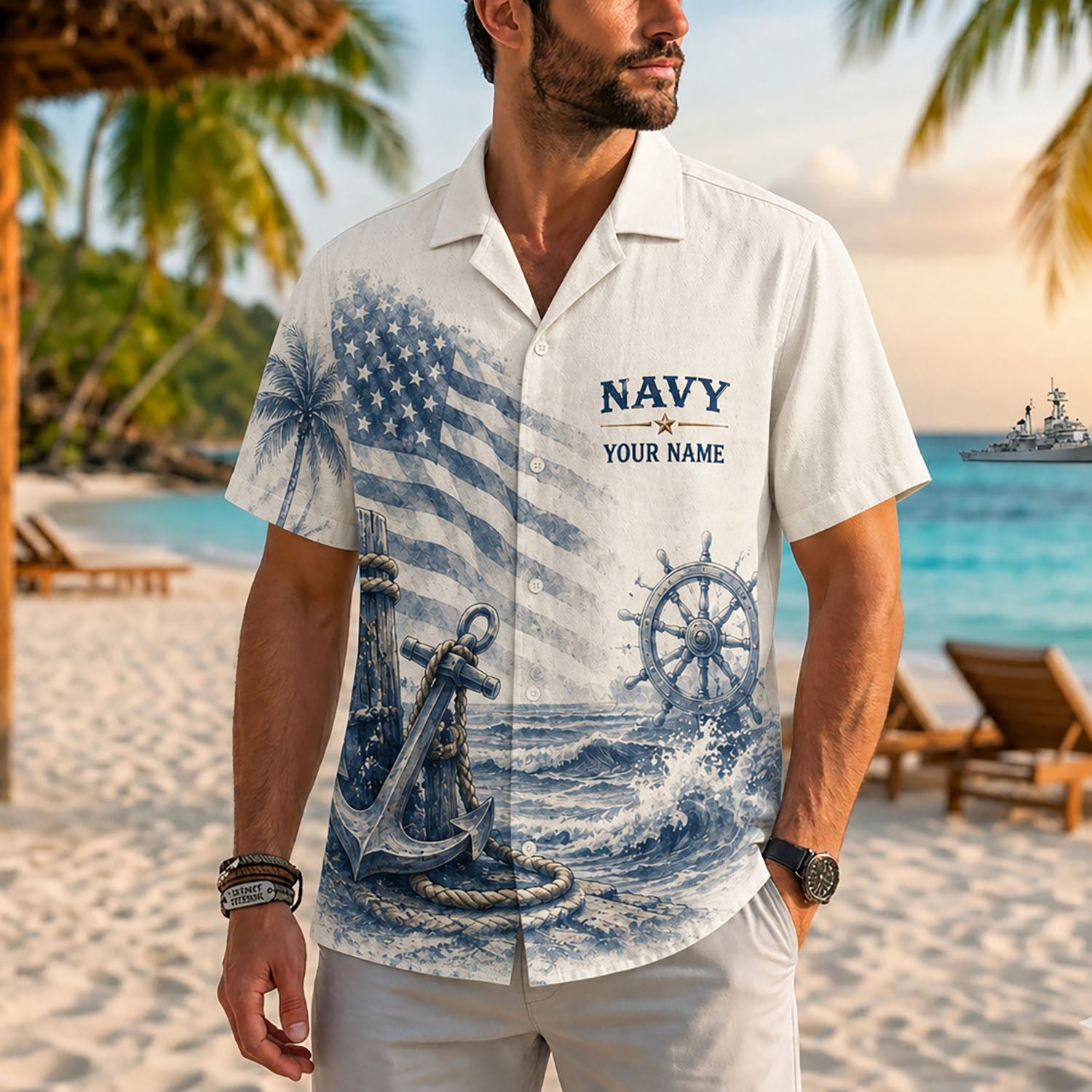 Close-up front view of a male model on a tropical resort beach wearing the personalized cream US Navy nautical sketch shirt