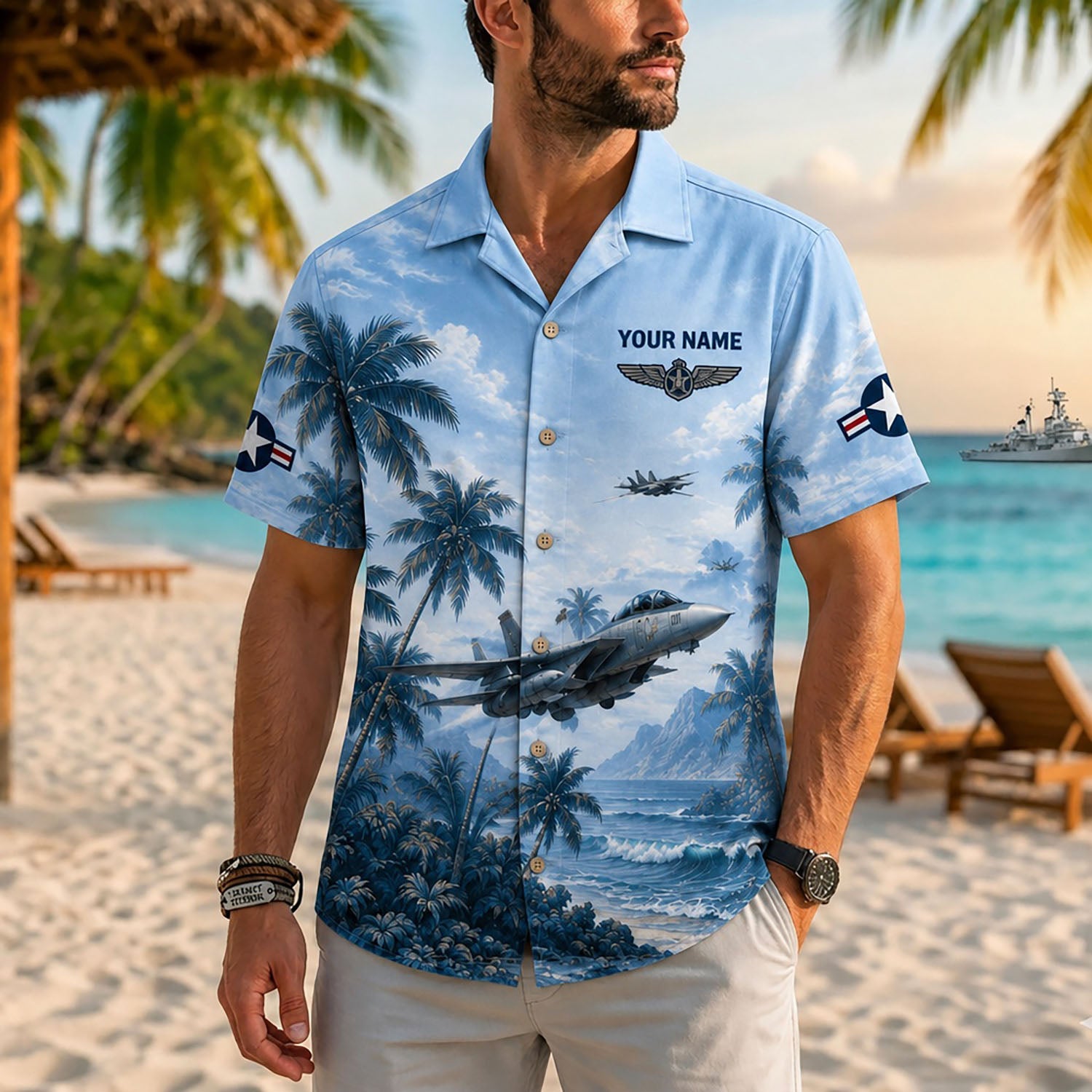 Close-up front view of a male model on a beach resort wearing the personalized sky blue F-14 fighter jet aviation shirt