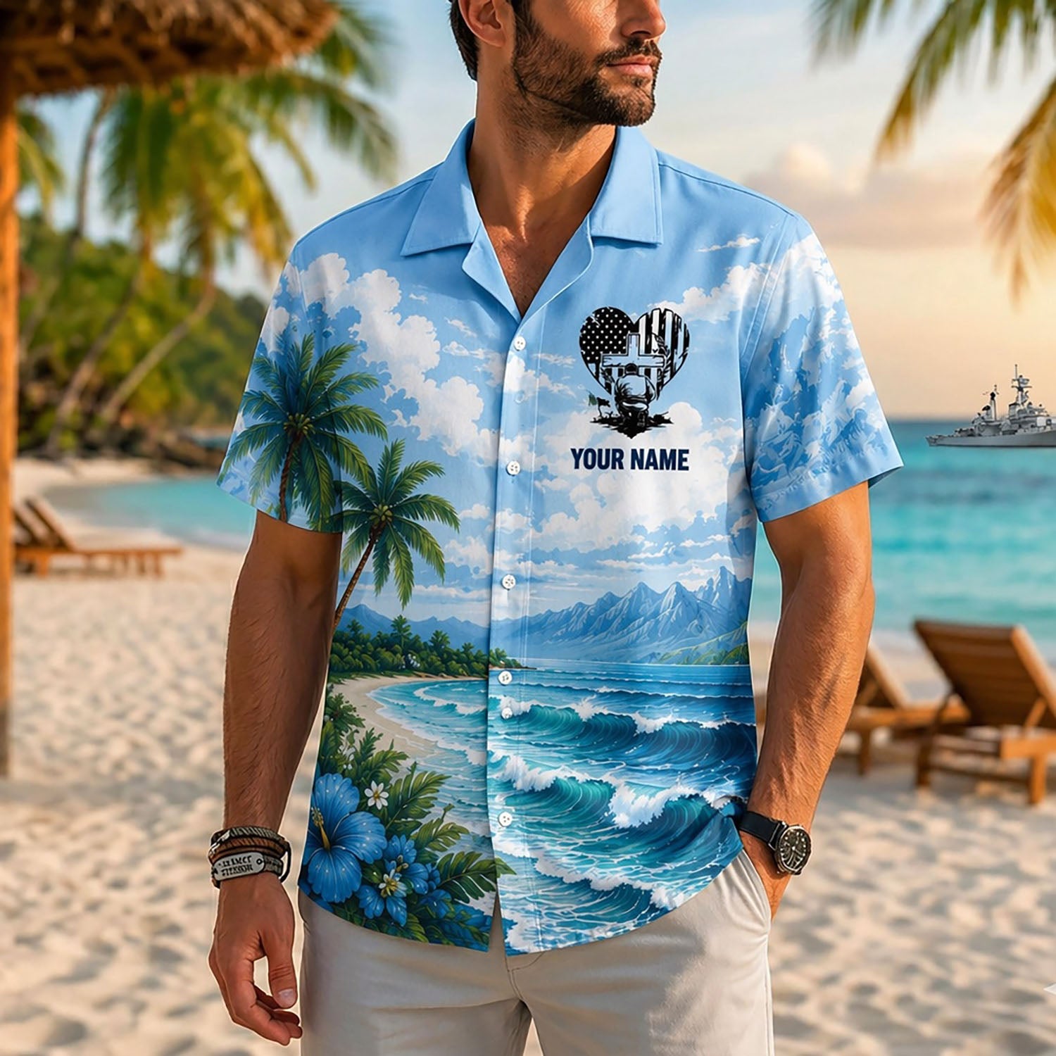 Close-up front view of a male model on a resort beach wearing the personalized sky blue military cross tropical shirt