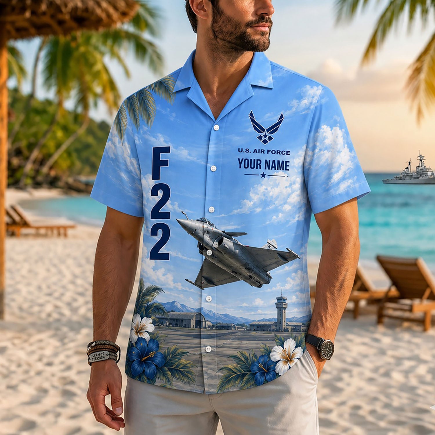 Close-up front lifestyle view of a man on a summer beach resort wearing the personalized airforce veteran hybrid jet shirt