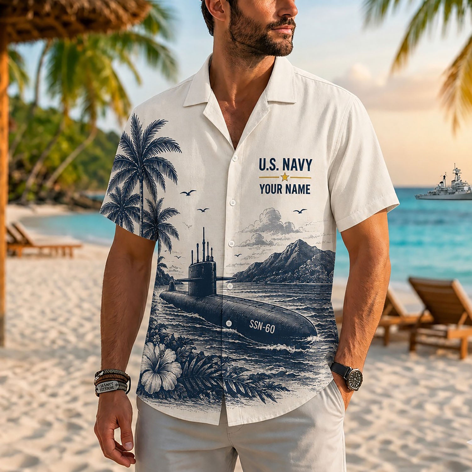 Close-up front view of a male model on a tropical beach wearing the personalized cream US Navy submarine veteran shirt
