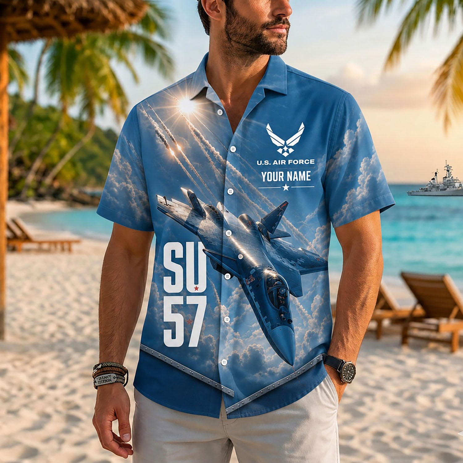 Close-up front lifestyle view of a male model on a tropical resort beach wearing the personalized Sukhoi Su-57 fighter jet casual shirt