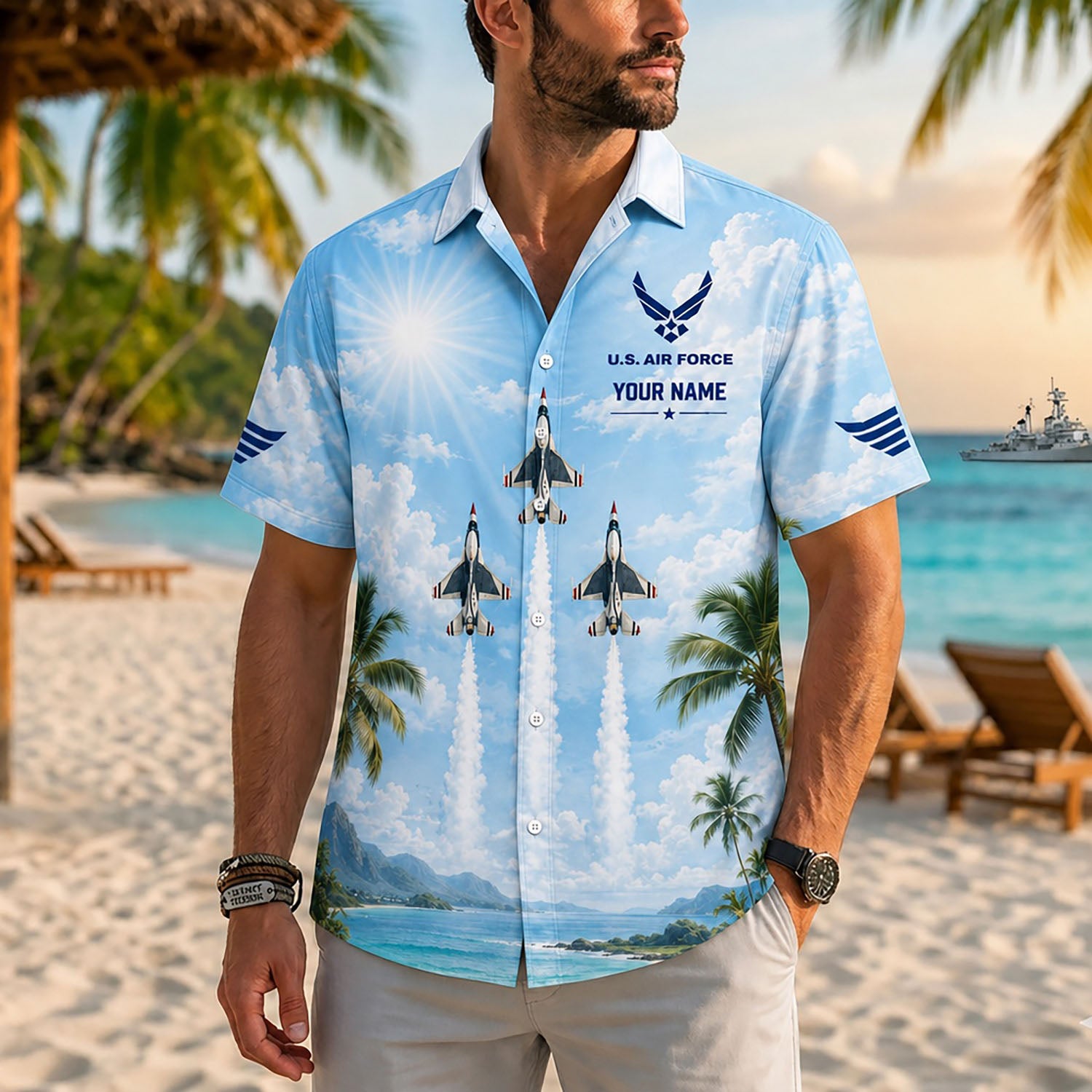 Close-up front view of a male model on a tropical coast beach wearing the personalized blue jet pilot flight team shirt