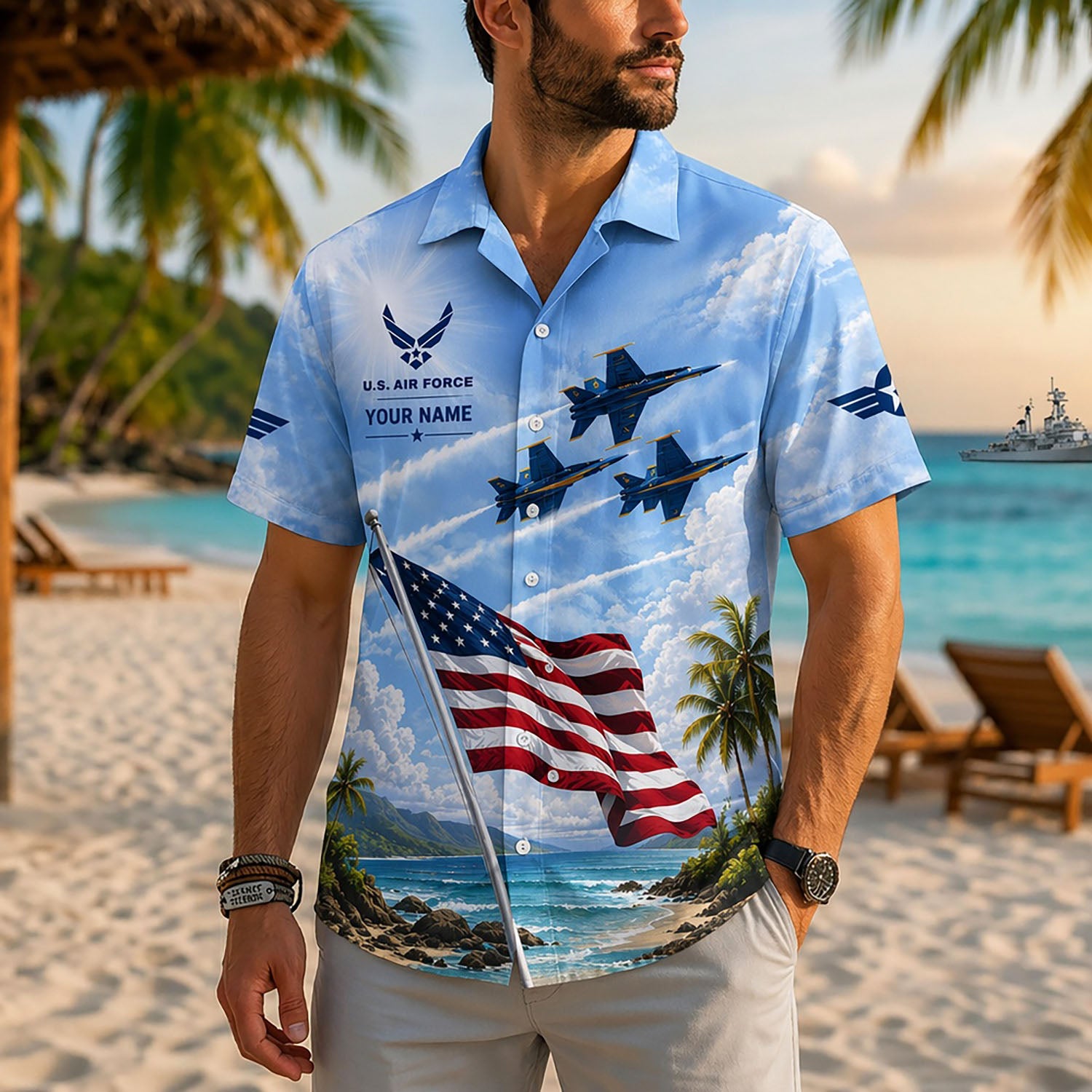 Close-up front lifestyle view of a man on a sunny beach resort modeling the personalized bright blue airforce jet veteran shirt