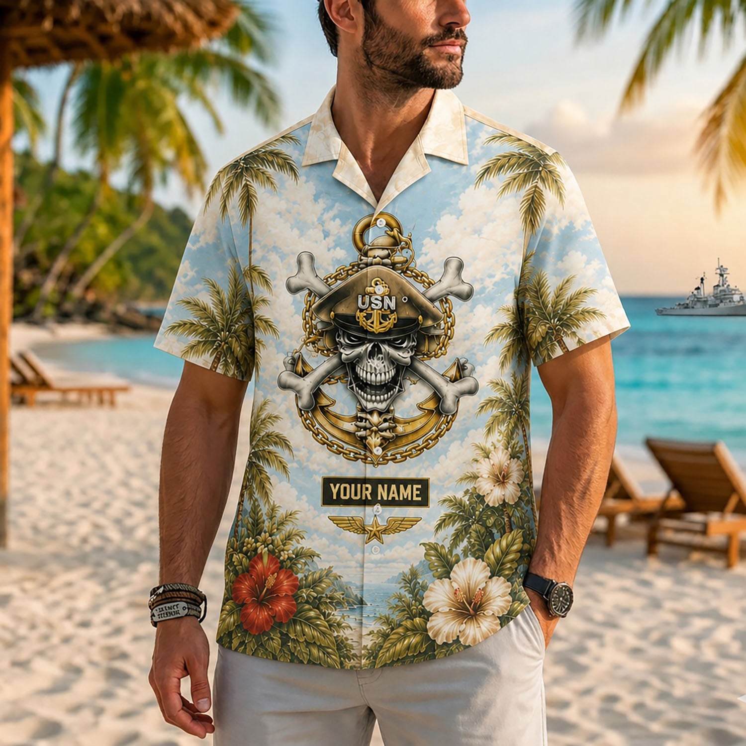 Close-up front view of a male model on a sunny beach wearing the personalized sky blue USN Chief skull anchor military shirt