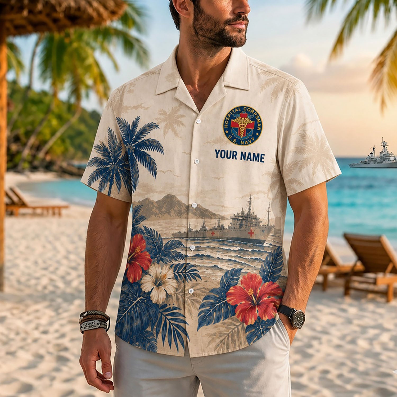 Close-up front view of a male model on a beach resort wearing the personalized beige US Navy Hospital Corpsman tropical shirt