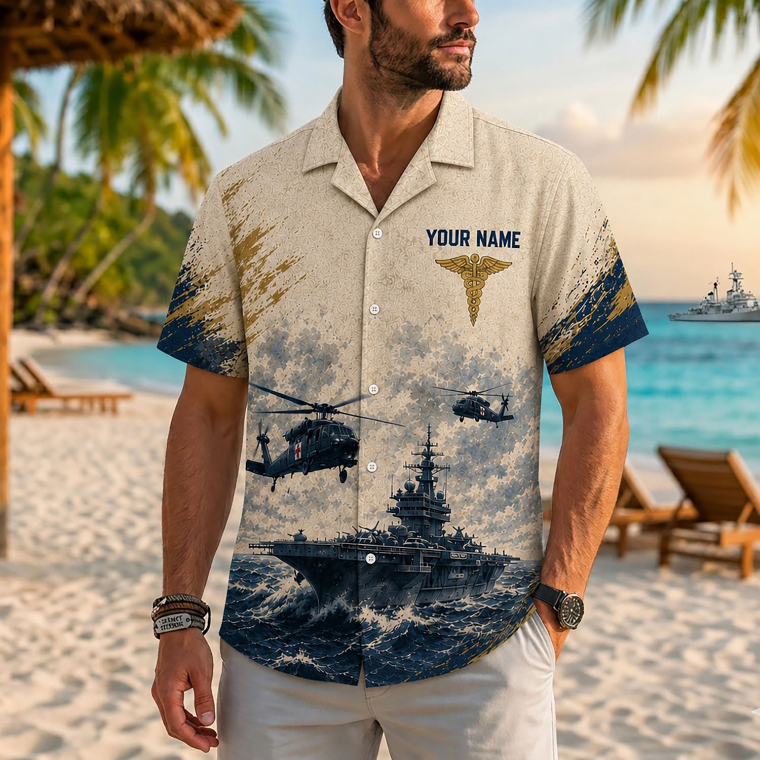 Close-up front view of a male model on a beach resort wearing the personalized cream and navy blue Corpsman battle group shirt
