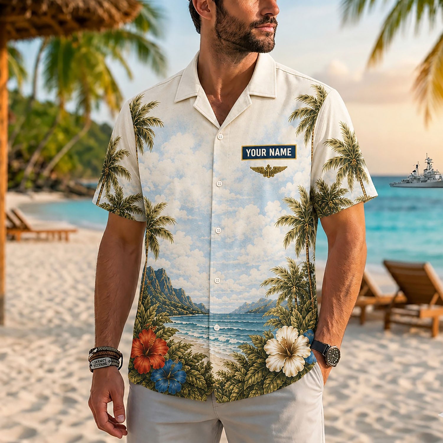 Close-up front view of a male model on a sunny beach wearing the personalized beige US Navy Corpsman tropical island shirt