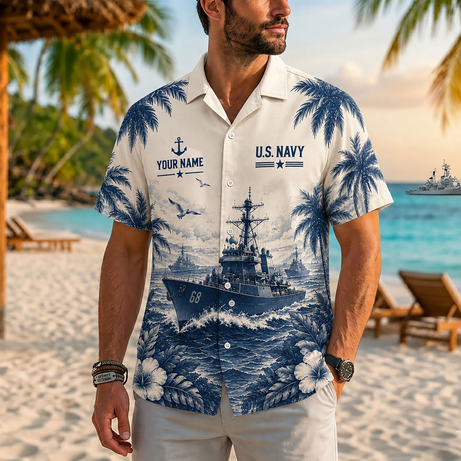 Close-up front view of a male model on a sunny beach wearing the personalized cream US Navy destroyer 68 vacation resort shirt