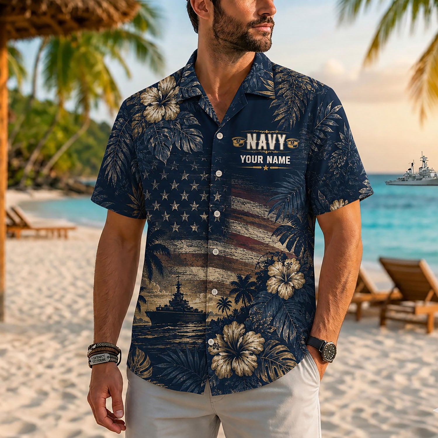 Close-up front view of a male model on a sunny beach wearing the personalized dark navy vintage flag US Navy veteran shirt