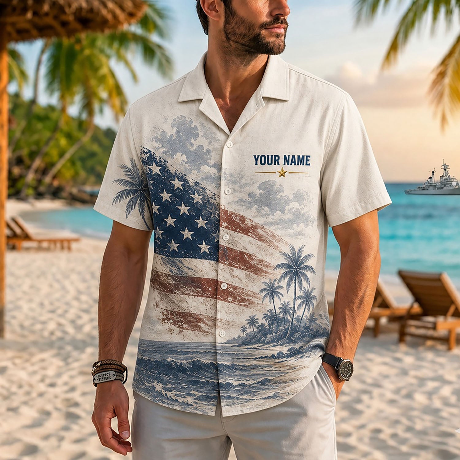 Close-up front view of a male model on a tropical beach wearing the personalized cream US Navy veteran flag shirt